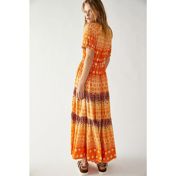 New Free People Rare Feelings Tiered Maxi Dress $148 X-SMALL Orange Boho Floral - Picture 5 of 9
